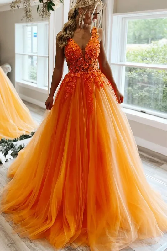 Wedding DressElegant V Neck Beaded Orange Tulle Long Prom Dresses with Lace Appliques, Orange Lace Formal Graduation Evening Dresses gh1098