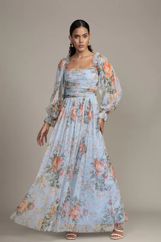 women's minimalist dressesLana Maxi Dress in Blue Floral Print