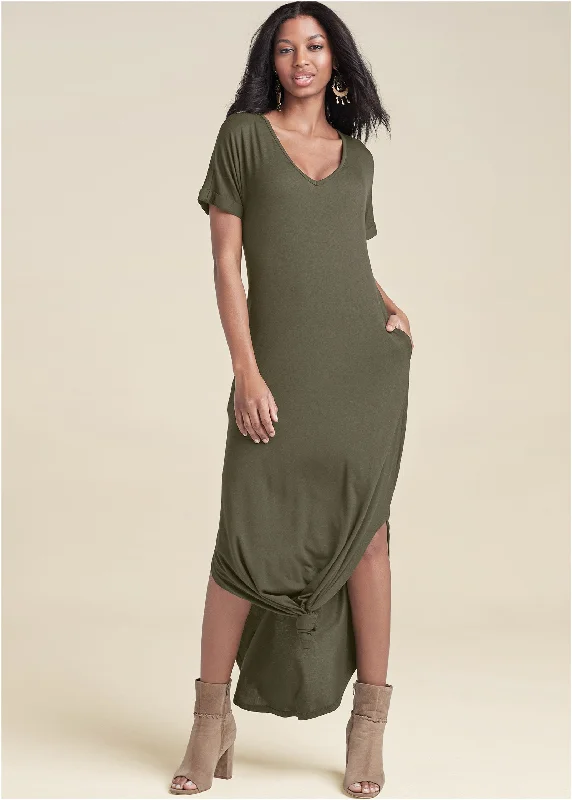 Organza DressCasual T-Shirt Maxi Dress - Olive