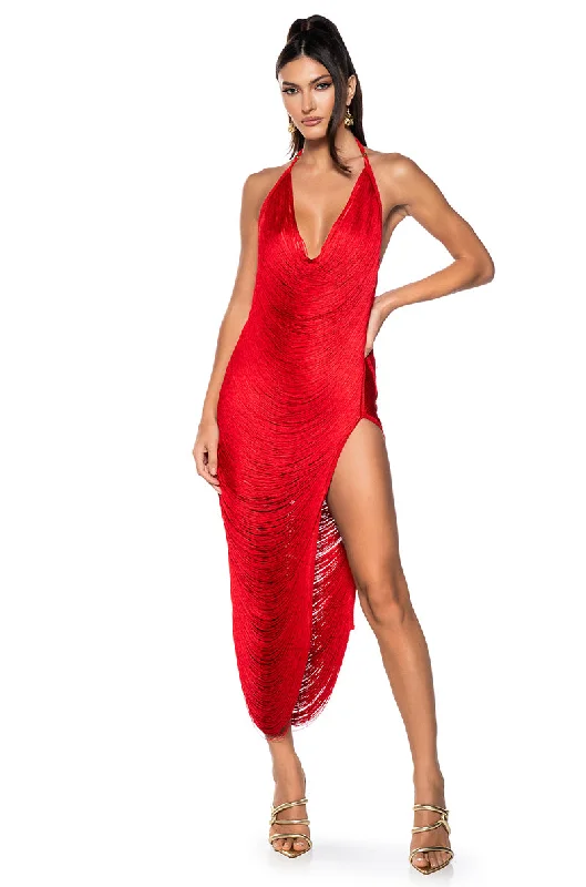 Jersey DressGIANINA FRINGED COWL NECK MAXI DRESS IN RED