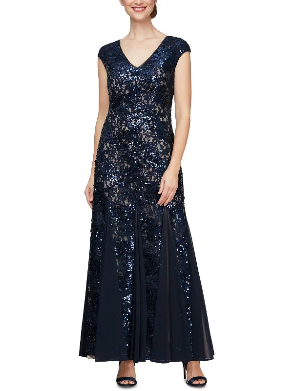 Plunging Neckline DressPetites Womens Sequined Maxi Evening Dress