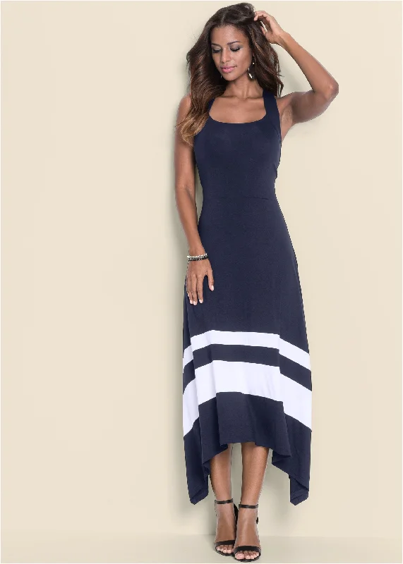 women's flowy dressesColor Block Maxi Dress - Navy & White