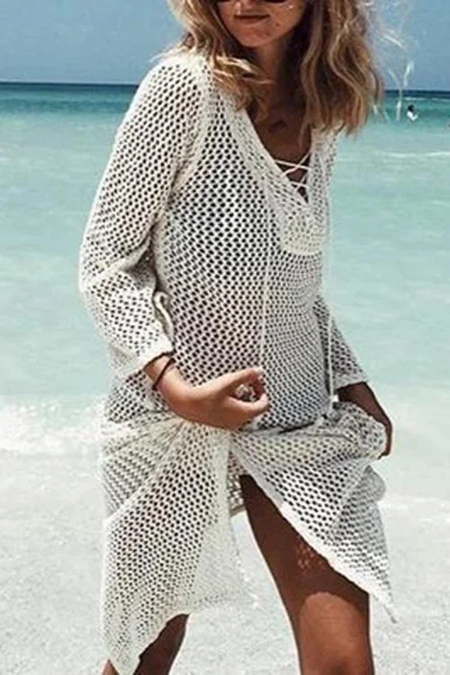 Trendy Female SwimwearV Neck Hollow Bandage Tassel Cover UP