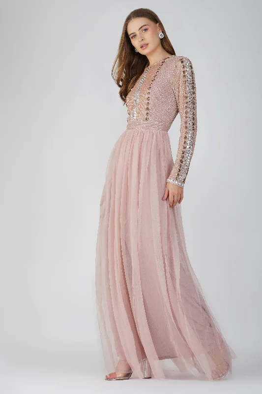 women's striped dressesMelinda Long Sleeve Embellished Maxi Dress in Blush Pink