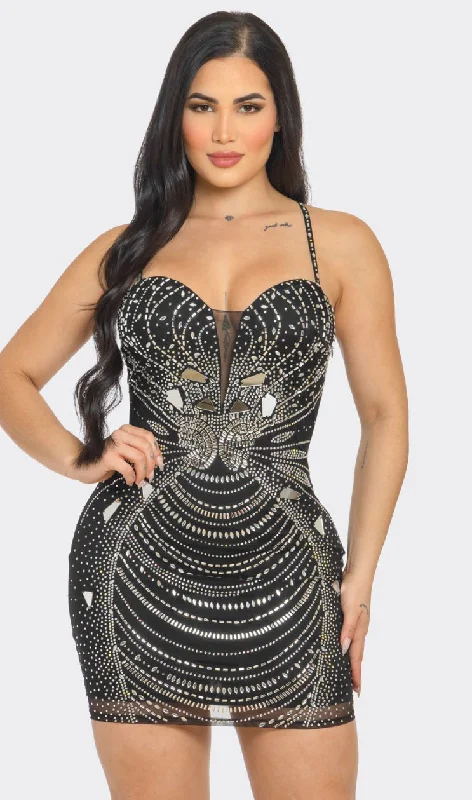 women's checkered dressesBlack Black Mirror Rhinestone Embellished Bodycon Dress