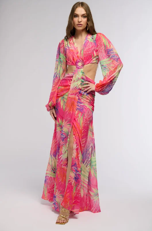 women's high-end dressesHEART OF PALM PRINTED MAXI DRESS IN PINK MULTI