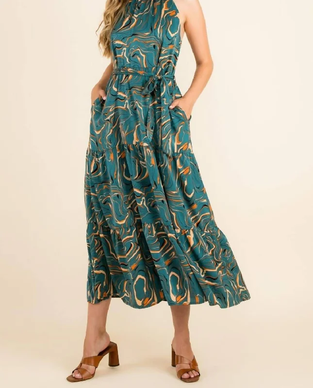 Ruffle DressHalter Abstract Print Maxi Dress in Teal