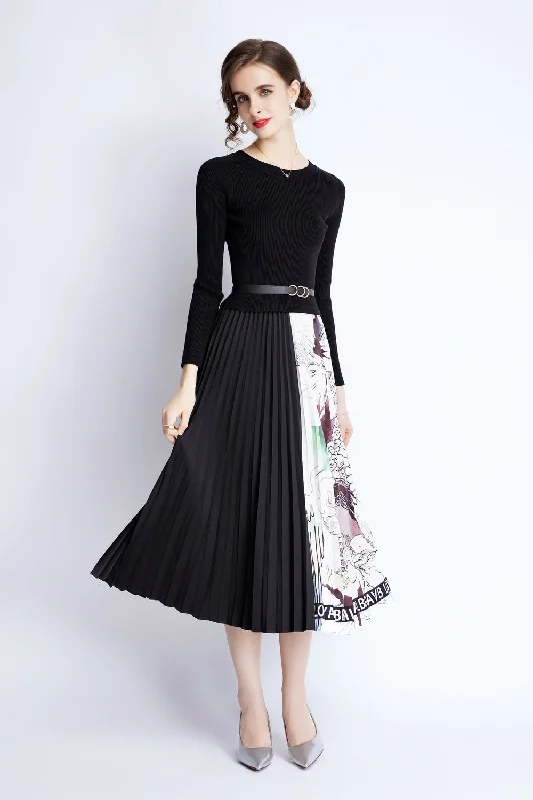 Knit DressBlack & White Cocktail A-line Crewneck Long Sleeve Maxi Pleated Dress