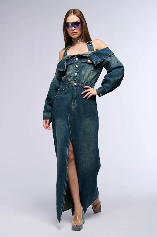 women's high-low dressesMARIAH DENIM MAXI DRESS