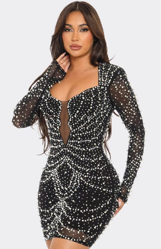 women's denim dressesMs Baddie Black/Rhinestone/pearl Embellished Bodycon Dress