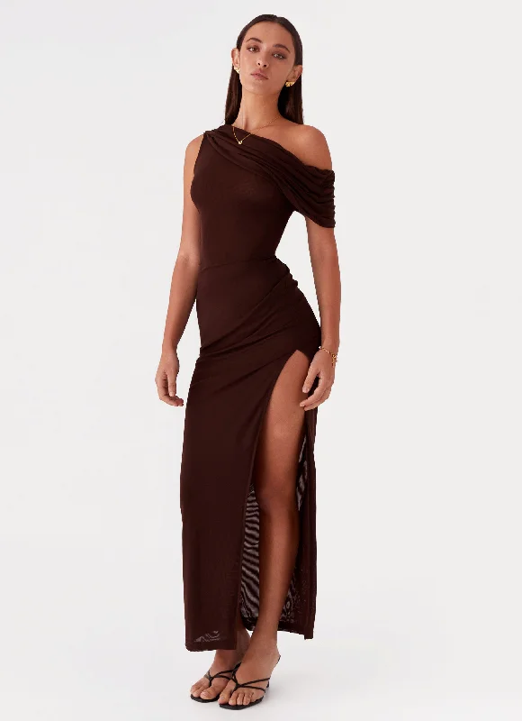 Velveteen DressCiara One Shoulder Draped Maxi Dress - Chocolate