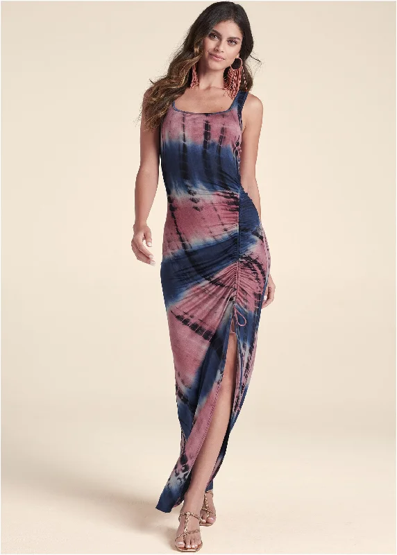 women's boho dressesTie-Dye Maxi Dress - Navy & Coral