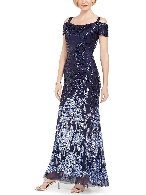 Cold-Shoulder DressPetites Womens Sequined Maxi Evening Dress