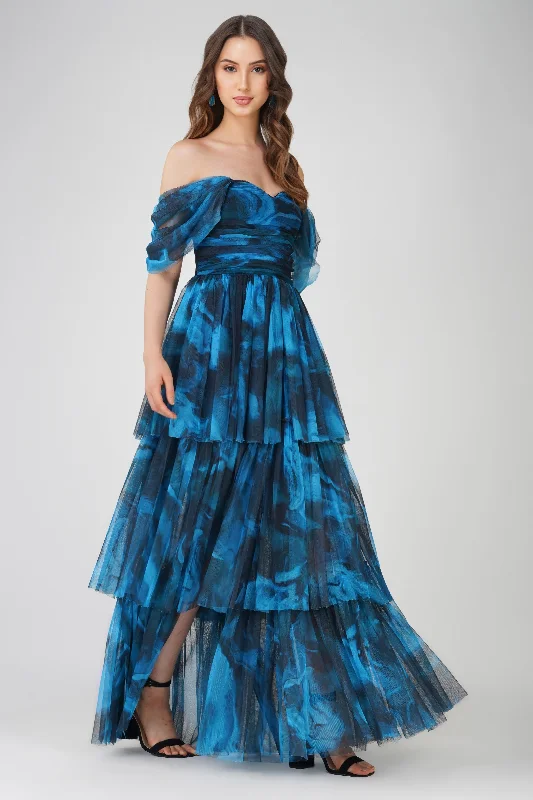 women's one-shoulder dressesSydney Tulle Maxi Dress in Blue Watercolour