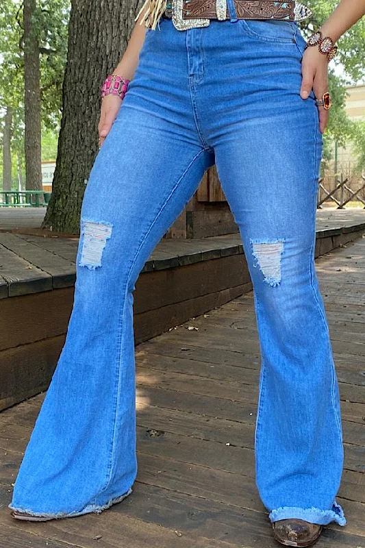 women's running pantsJ517 Blue distressed bell bottoms IS18