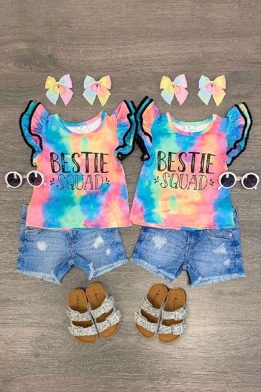 Plus-Size Dress"Bestie Squad" Tie Dye Ruffle Short Sleeve Top