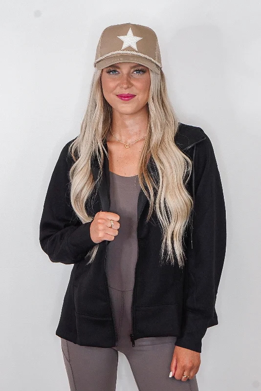 women's lace-up dressesChilly Mornings Black Hoodie Jacket