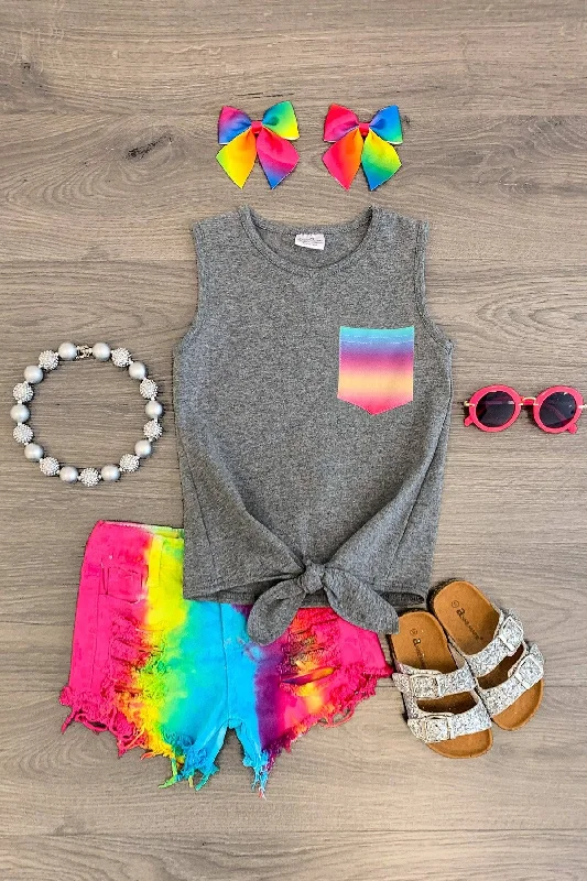 Flowy DressGray & Rainbow Denim Short Set