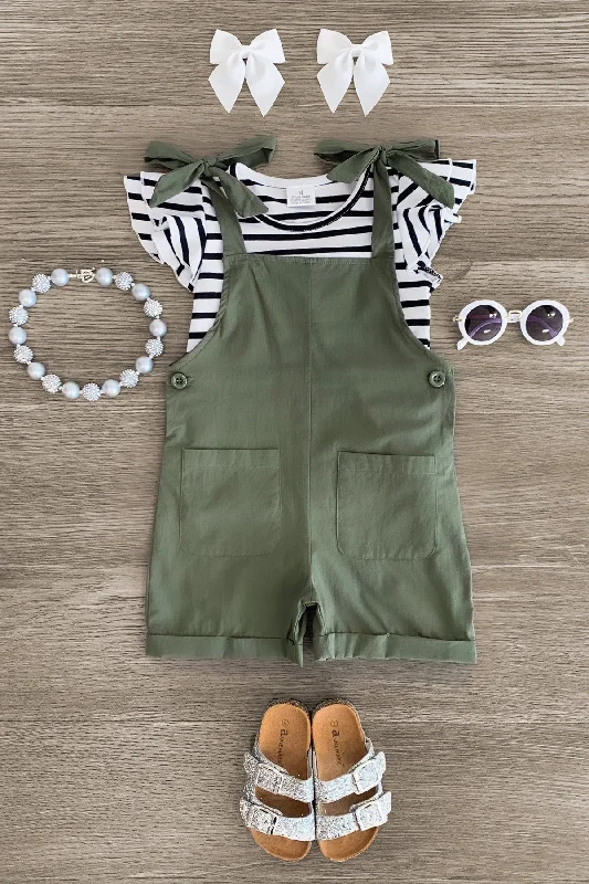 women's off-the-shoulder dressesOlive Green Stripe Romper Set