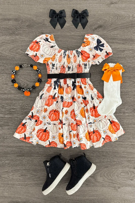 women's bell-sleeved dressesPolka Dot Pumpkin & Bows Dress