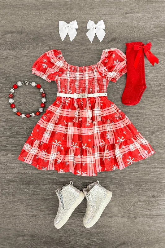 women's business casual dressesRed Plaid Snowflake Dress