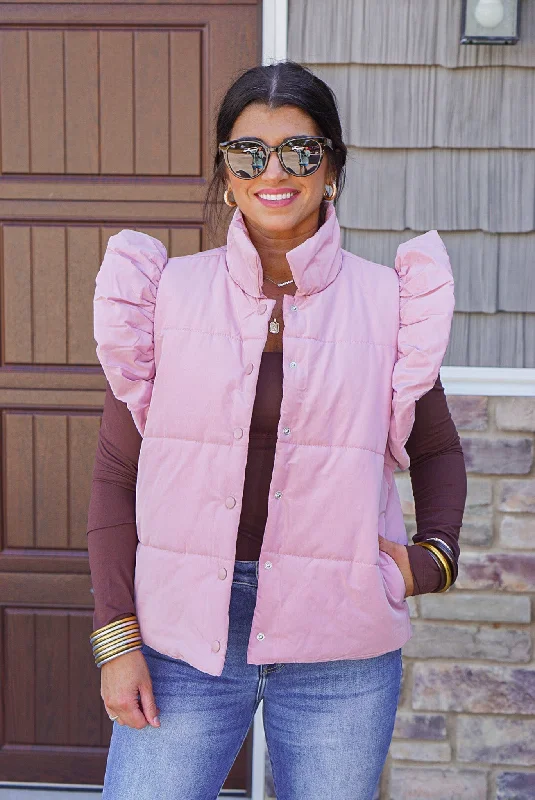 women's velvet dressesRuffled Puffer Blush Quilted Vest