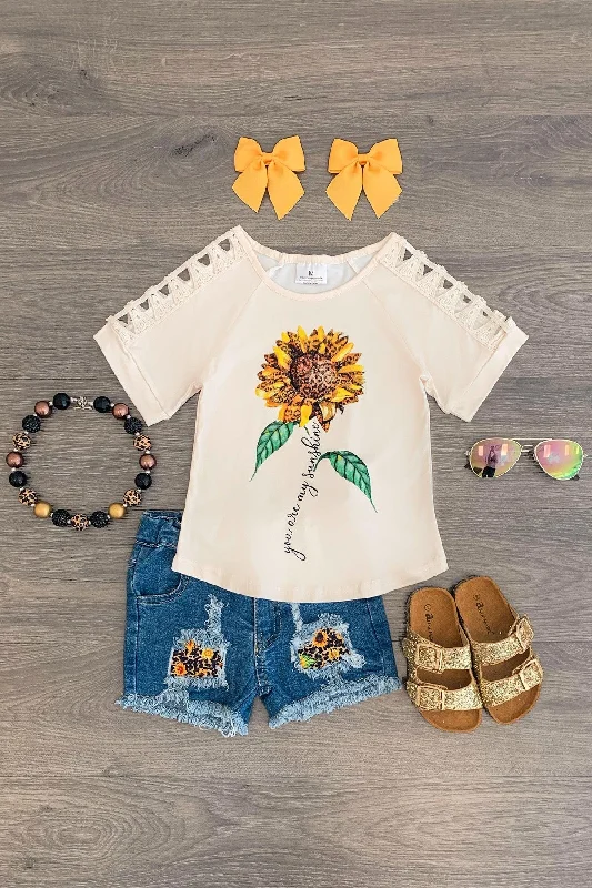 women's denim dresses"You Are My Sunshine" Crochet Denim Short Set