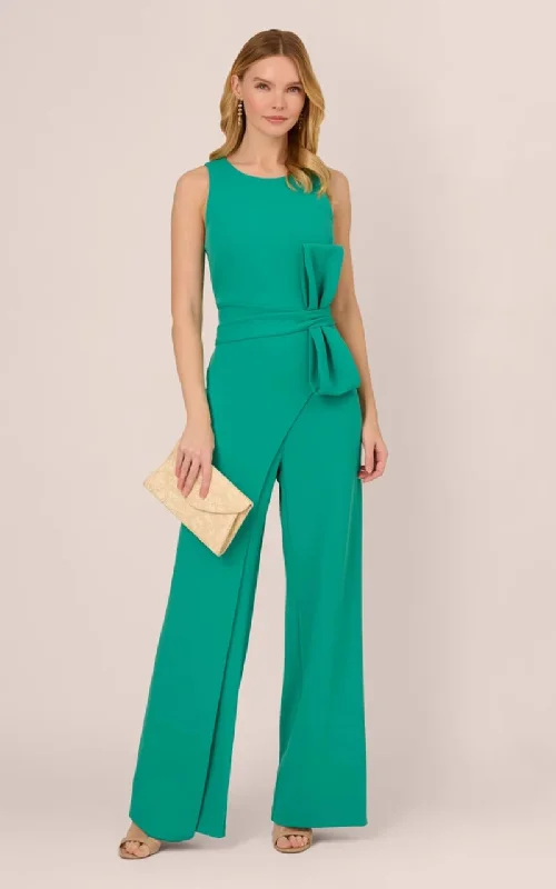 women's dressy jumpsuitsAdrianna Papell- Wide Leg Crepe Jumpsuit with Bow Accent