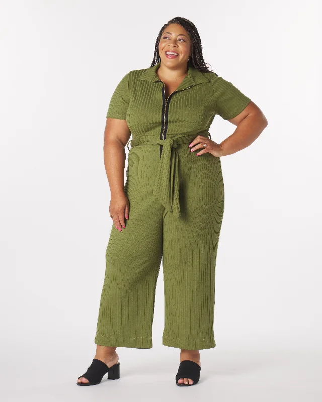 women's jumpsuits with buttons“Lucia" Knit Belted Jumpsuit in Olive