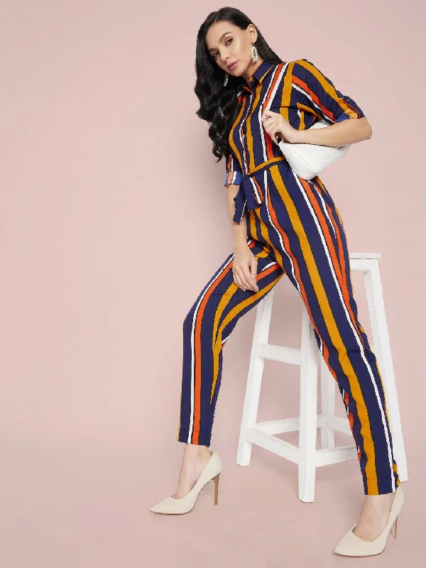 women's jumpsuits made of velvetStriped Roll Up Jumpsuit