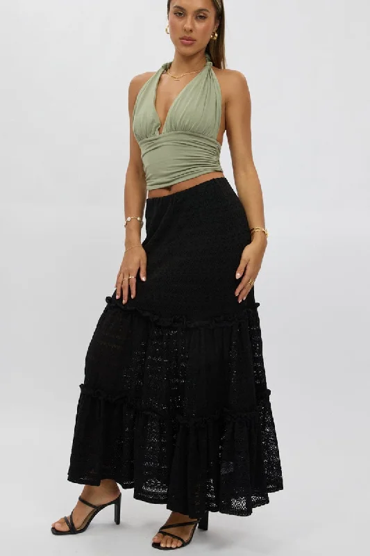 women's handmade casual skirtsBlack Lace Maxi Skirt Elastic Waist Tiered Lined