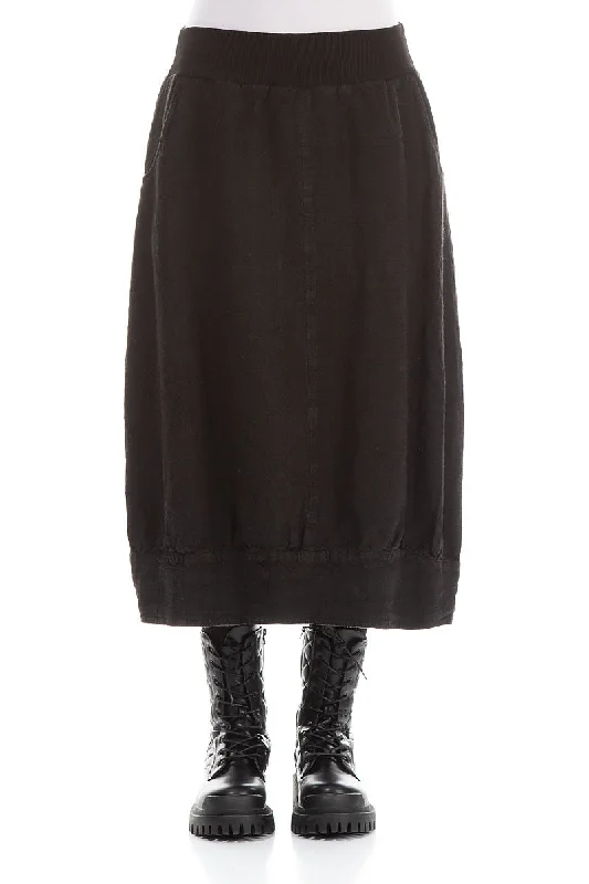 women's button-down skirtsBlack Patterned Linen Midi Skirt