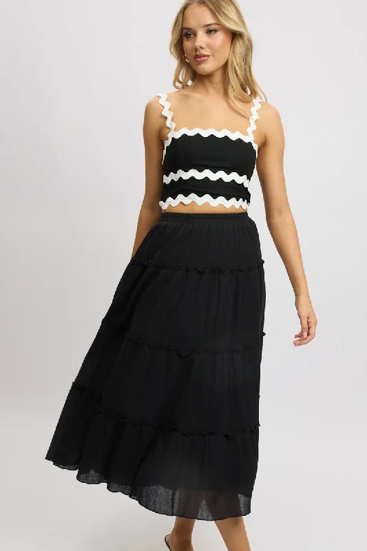 women's pencil skirtsBlack Midi Skirt Tiered High Rise Lined