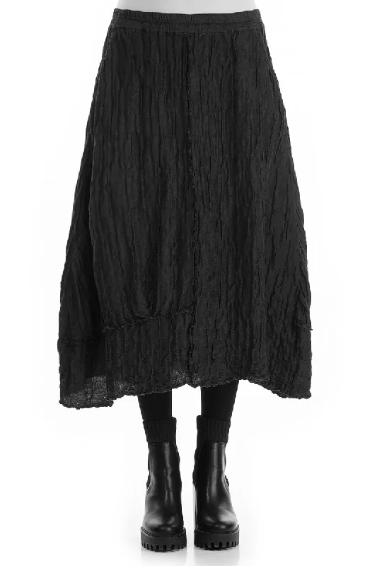 women's low-rise skirtsCrinkled Black Silk Linen Skirt