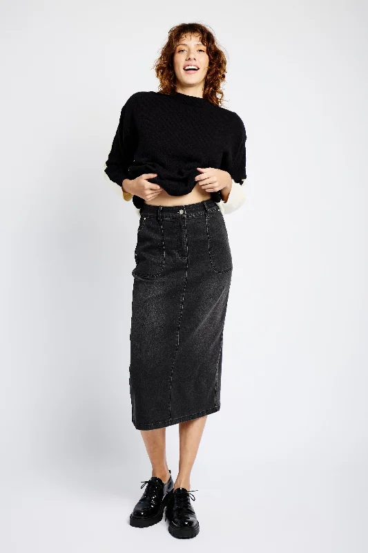 women's solid-color skirtsDenim Skirt with Back Slit in Black