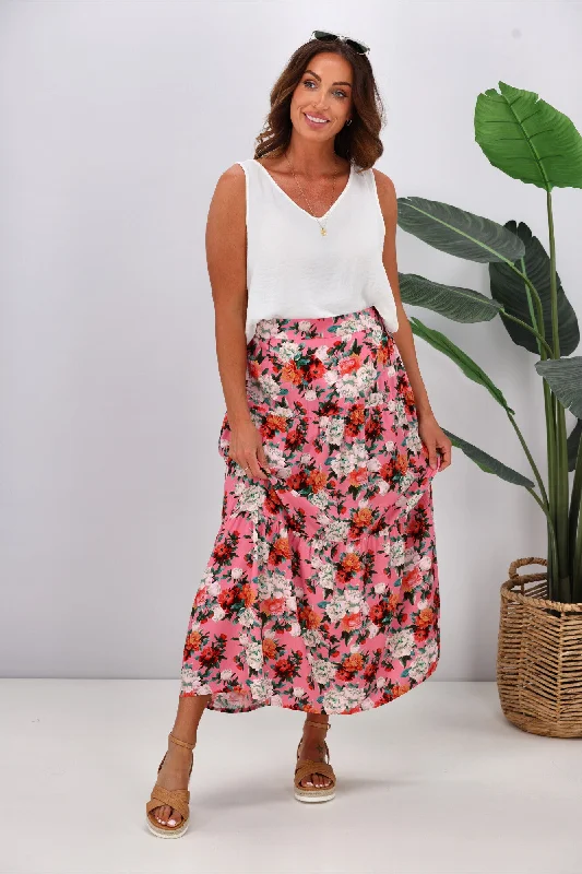 women's bodycon mini skirtsGloss by Shine On Lucerne Tiered Maxi Skirt Pink Floral