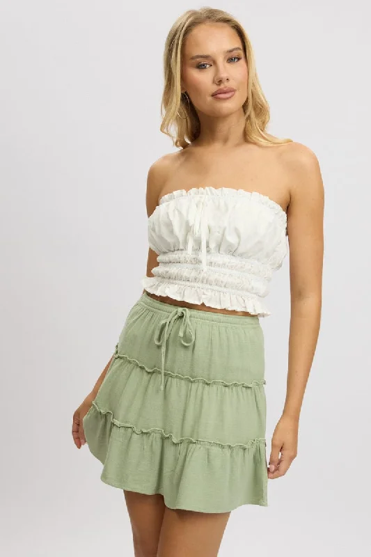 women's button-down skirtsGreen Skater Skirt High Rise Tiered Mini