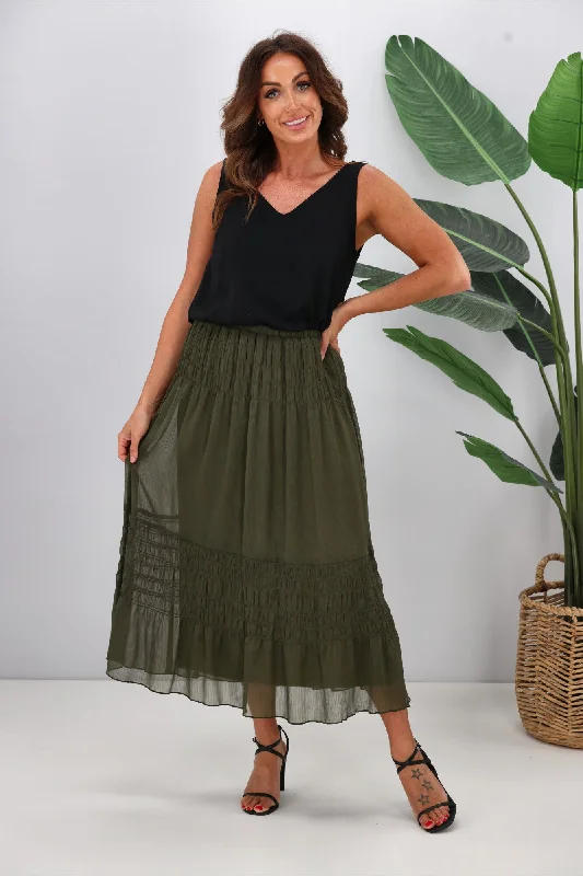 women's lightweight evening skirtsJane James Gemma Shirred Detail Skirt Olive Preorder Late January