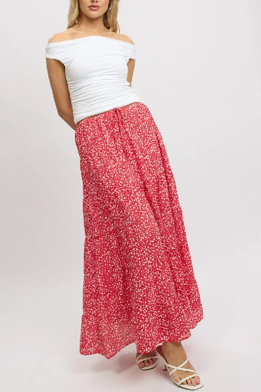 women's chic wrap skirtsRed Ditsy Maxi Skirt Tiered High Rise