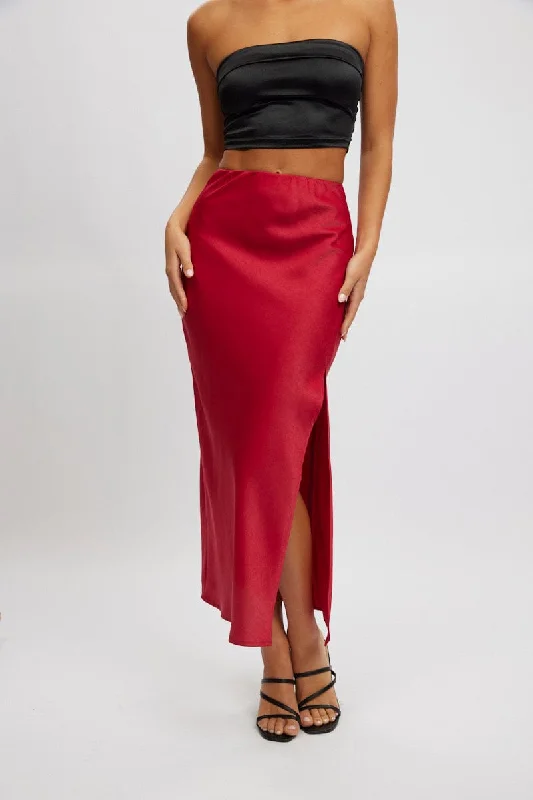 women's loungewear dressy skirtsRed Slip Skirt High Waist Front Split Midaxi Satin