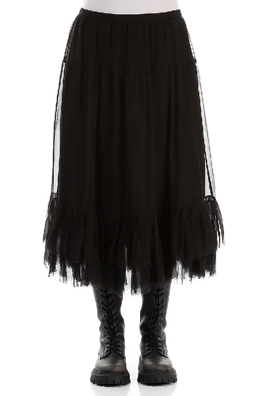 women's casual skirtsRuffled Black Silk Chiffon Midi Skirt