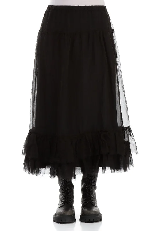 women's formal skirtsRuffled Black Silk Chiffon Skirt