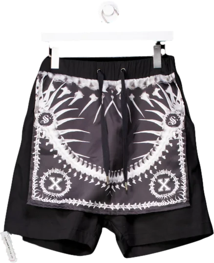 women's low-rise skirtsSkin Graft Black Satin Flap Mini Skirt With Bone Print UK S