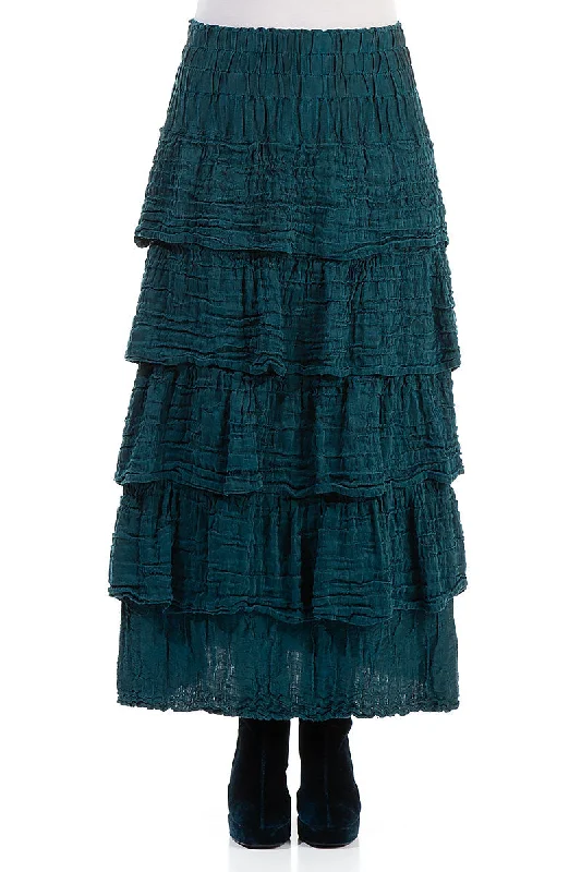 women's figure-flattering business skirtsTiered Crinkled Teal Silk Maxi Skirt