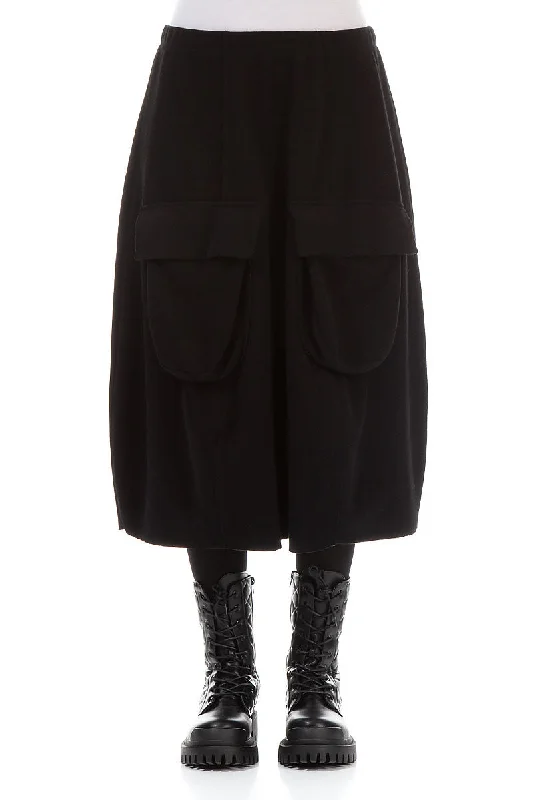 women's party skirtsTwo Pockets Black Cotton Midi Skirt