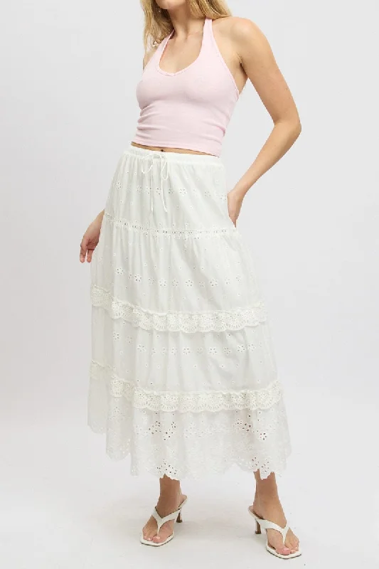 women's dressy circle skirtsWhite Maxi Skirt High Waisted Tiered Broidery Eyelet