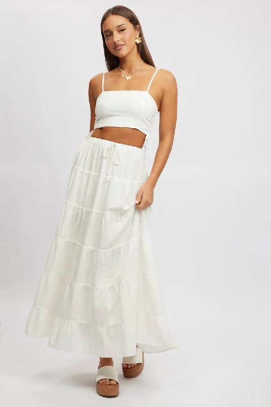 women's solid-color skirtsWhite Maxi Skirt Tiered High Rise