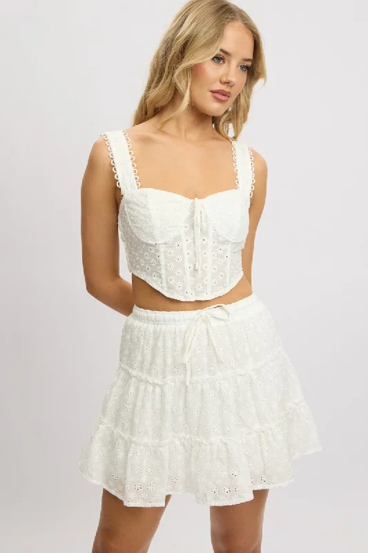 women's elastic-waisted skirts for pregnancyWhite Skater Skirt High Rise Tiered Mini Broidery Eyelet