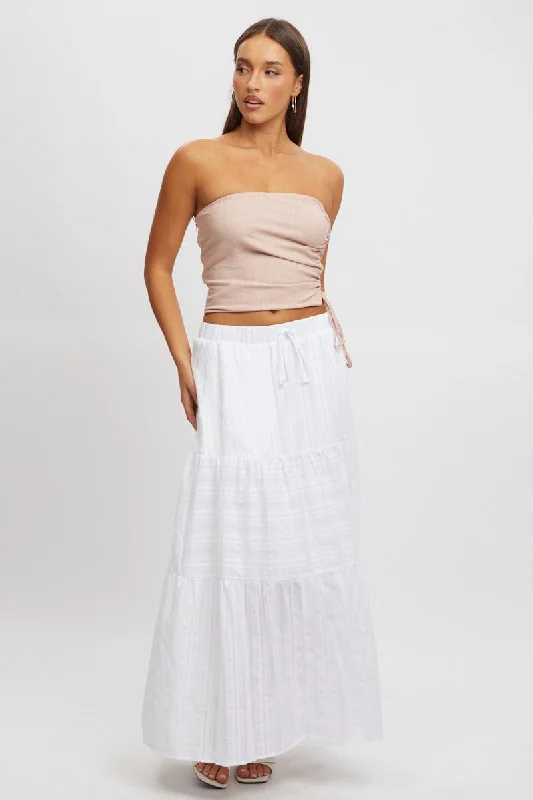 women's linen skirtsWhite Tiered Maxi Skirt High Rise Elastic Waist Lined